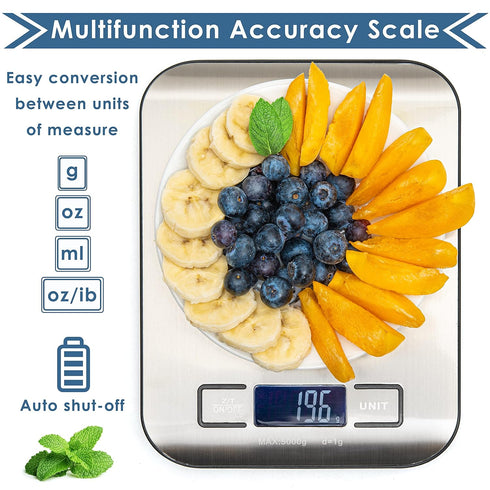Moss and Stone Digital Kitchen Scale, Multifunction Accuracy Scale with LCD Display, 11 Lb 5 Kg, Stainless Steel