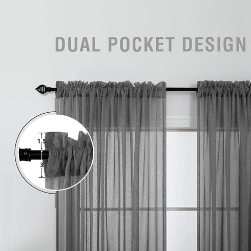 Charcoal Gray Sheer Curtains 45 Inches Long for Kitchen, Pair Set 2 Panels, Light Filtering Dark Grey