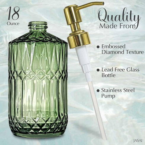 2Pack 18Oz JASAI Green Glass Soap Dispenser with Gold Rust Proof Pump, Refillable Dish Soap Dispenser for Kitchen
