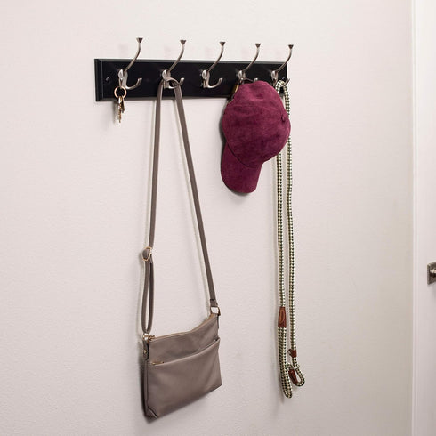 BirdRock Home Tri Hook Coat Rack, 5 Hooks, Wall Mount Hat Rack, Black Finish with Satin Nickel Hooks