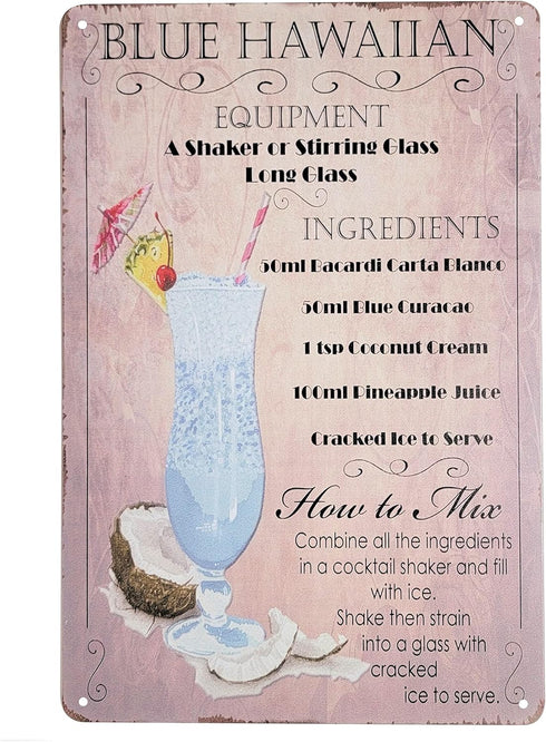 8" x 12" Popular Cocktails and Drink Mix Recipes Menu on Metal Tin Sign (Blue Hawaiian)