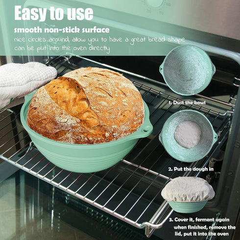 9in Bread Proofing Basket, Silicone Sourdough Baking Bowl with Liner, Thick Foldable Reusable Handmade Supplies (Light