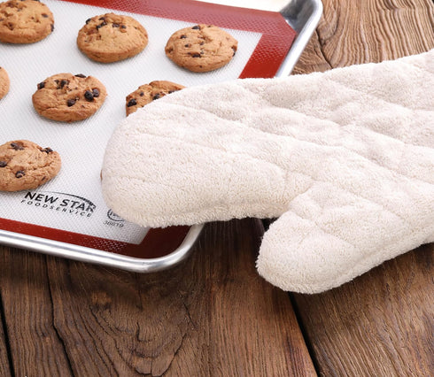 New Star Foodservice Oven Mitts, Extra Defense up to 400F, Set of 2, Tan Terry Cloth, 13-Inch