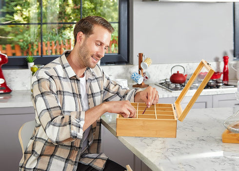 12 RoyalHouse Big Natural Bamboo Tea Storage Organizer with Clear Acrylic Top Window, Compartments Eco-Friendly Tea Bag