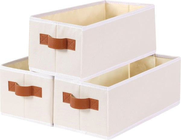 Small Storage Basket 3-Pack, Foldable Open Storage Bins with Handles, Fabric Storage Containers, Beige, 15 x 6 x 5 In
