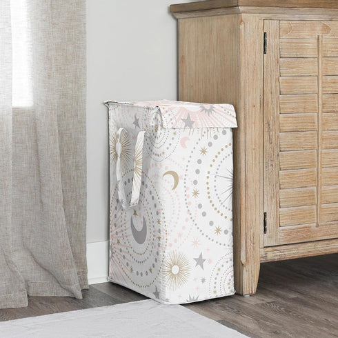 Sweet Jojo Designs Blush Pink Gold Star and Moon Girl Laundry Hamper Foldable Dirty Clothes Basket with Handles