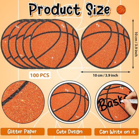 Glitter Basketball Cutouts - 100 Pcs DIY Paper Shapes for Sports Theme Party Decorations, Baby Shower, and Classroom