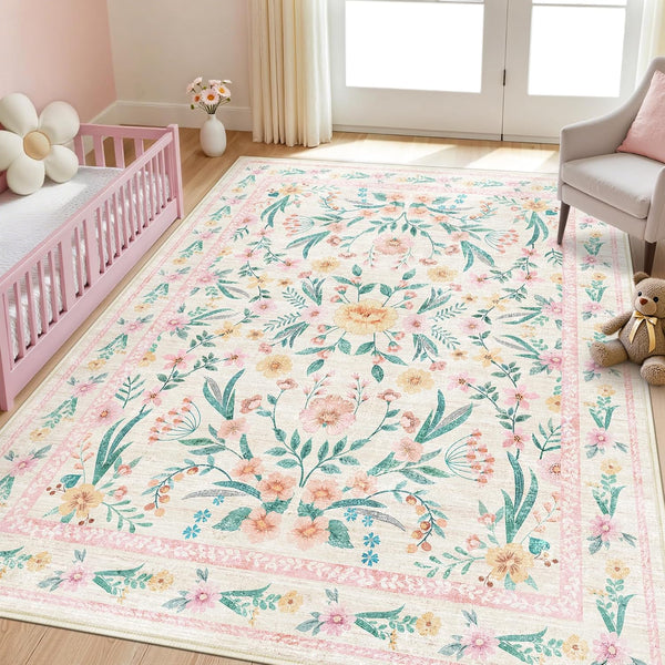 5x7 Pink Floral Nursery Rug,Pink Rugs for Bedroom Girls,Machine Washable Non Slip