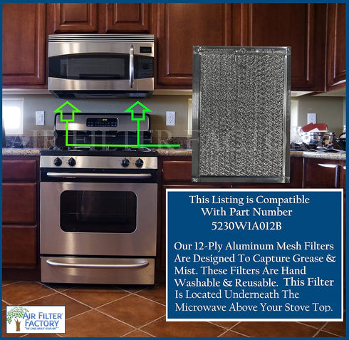 Microwave Oven Replacement Grease Filters for LG 5230W1A012B, 12-Layer Aluminum Mesh, 2-Pack