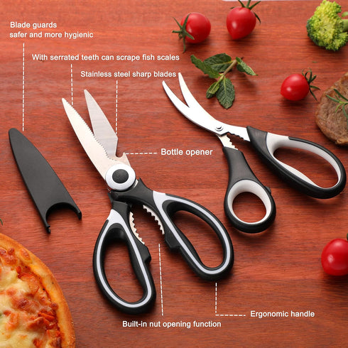 Food Grade Kitchen Scissors 3 Pack- Lifetime Replacement Warranty -Heavy Duty Stainless Steel Cooking Shears for Cutting Meat, Food, Fish, Poultry Multipurpose Sharp Sissors for Dishwasher Safe by OMDAR