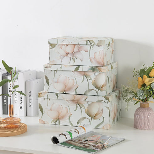 Set of 3 Soul & Lane Decorative Cardboard Storage Boxes - Peonies Paradise, Floral Nesting Boxes with Lids