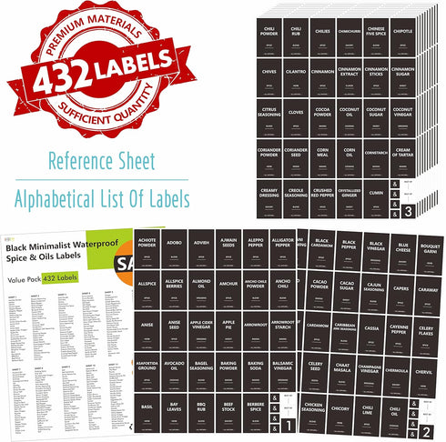 432 396 36 Removable Spice Labels, Pre-Printed Herb Seed Seasoning Sauce Oil Vinegar Stickers, Blank Ones, Waterproof