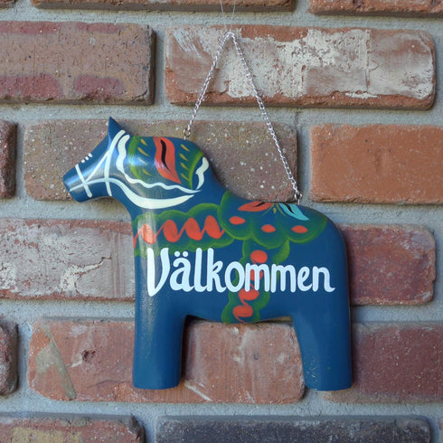 Swedish Themed Wood 8" Blue Dala Horse House Welcome Sign with Artwork Decal
