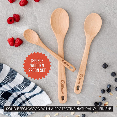 Chef Pomodoro 3-Piece Wooden Spoons Set, Solid Beechwood Cooking Utensils, 12-Inch, 10.5-Inch, 8-Inch