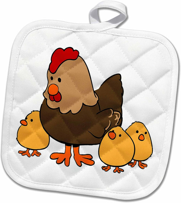 3D Rose Image of Mama Chicken with 3 Baby Chicks Pot Holder, 8 x 8