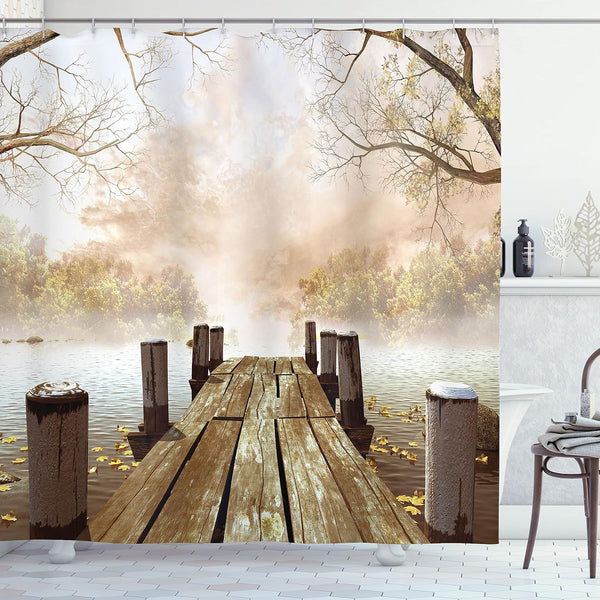 Ambesonne Fall Wooden Foggy Scene Lake River Print Shower Curtain - Extra Long, Beige Brown Taupe