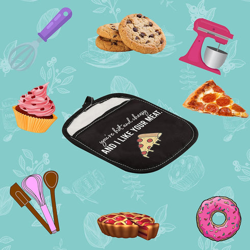 Pizza Lover Gift, Funny Oven Pot Holder with Pocket, You’re Hot and Cheesy and I Like Your Meat