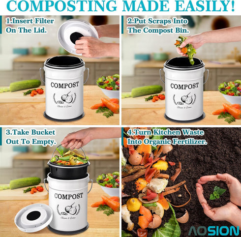 AOSION 1.0 Gallon Kitchen Compost Bin Counter, Indoor Composter Container with Lid and Charcoal Filters, White