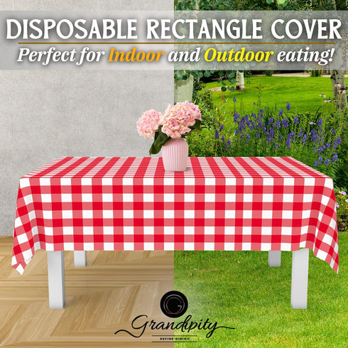 Grandipity 12 Pack Premium Disposable Plastic Picnic Tablecloth - 54" x 108" Red Checkered Gingham Table Cover