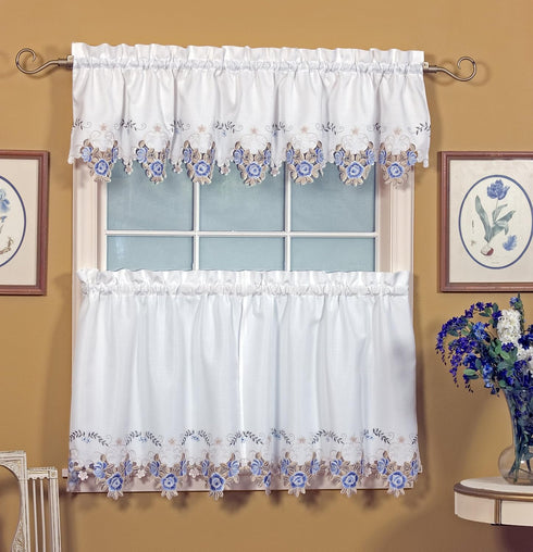 Today's Curtain Verona Reverse Embroidery Tier - 36", White/Blue, 60" W x 36" L