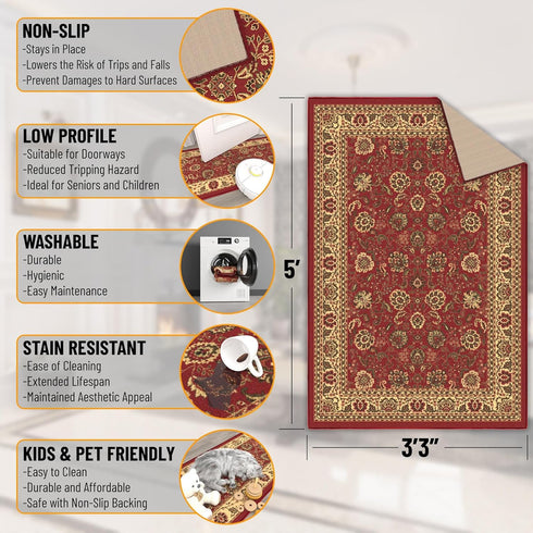Ottomanson Ottohome Collection Non-Slip Rubberback Oriental Design 3x5 Indoor Area Rug, 3'3" x 5', Red by Ottomanson