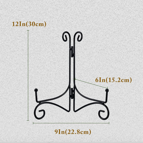 Black Iron Plate Stand, 12 Inch Holder for Displaying Cookbooks, Pictures, and Decorative Plates (1 Pack)