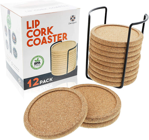 12 Set Cork Coasters with Lip for Drinks, 4 Inch Thick Rustic Saucer with Metal Holder, Heat & Water Resistant