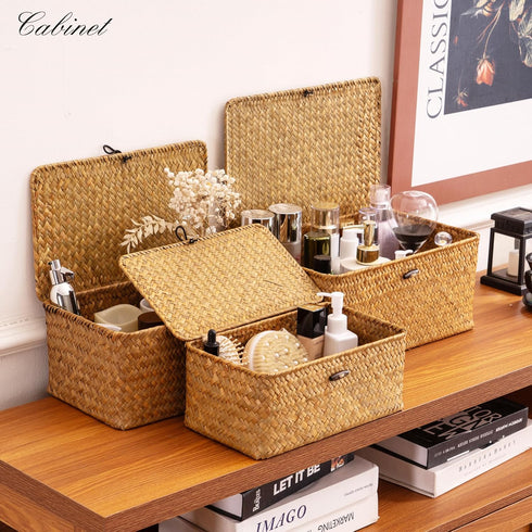 Nonam Set 3, Storage Basket with Lid, Natural Seagrass Bin with Lid of Shelf Baskets Multipurpose Container for Boho