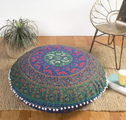 32" Popular Handicrafts Floor Pillow Cushion Cover - Large Round Hippie Printed Pouf Shams- Meditation Seating Ottoman