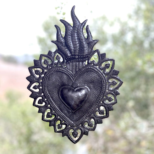 Sacred Heart Flaming Heart Religious Folk Art - Spiritual Home Decor, Haitian Metal Wall Art, 7.25 X 10.25 Inches
