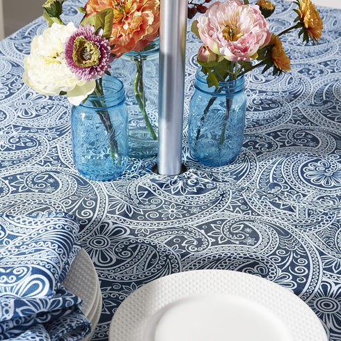 DII Paisley Outdoor Tabletop Collection, Water Resistant Tablecloth, 60" Round, Blue