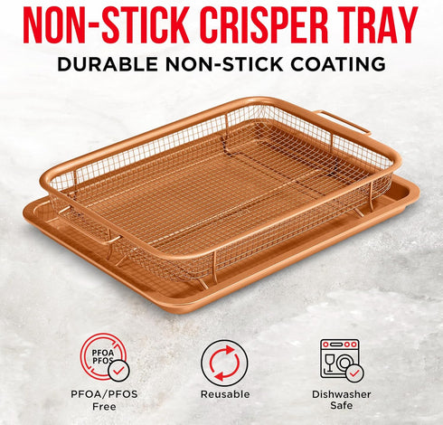 Bakken Swiss Air Fryer Tray,2in1 Nonstick Copper Crisper Air Fry Basket w/Elevated Mesh Great For Oven, For Baking & Crispy Foods, Dishwasher Safe,PTFE/PFOA/PFOS FREE Extra-large 9.5"x13",Copper