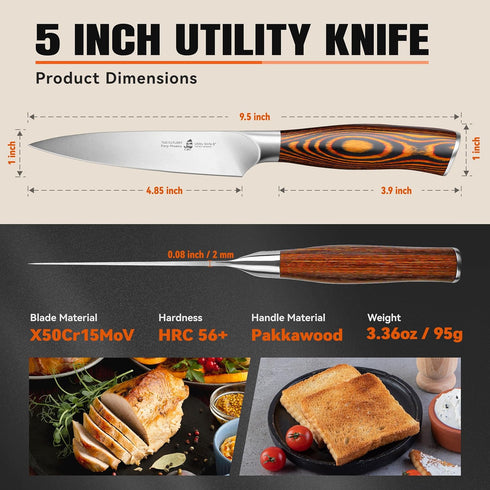 TUO Utility Knife, Small Kitchen Knife, 5 inch Paring Knife, High Carbon German Stainless Steel Cutlery