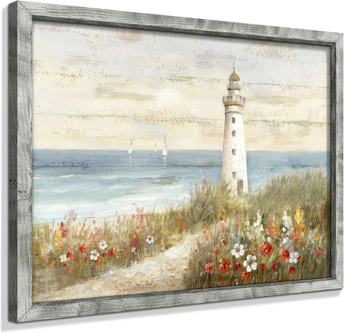 Lighthouse 16"x12" Framed Wooden Wall Art, Abstract Ocean Painting Seascape Art Prints for Home Decor