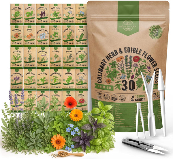 Organo Republic 30 Culinary Herbs & Edible Flower Seed Variety Pack- Indoor/Outdoor.