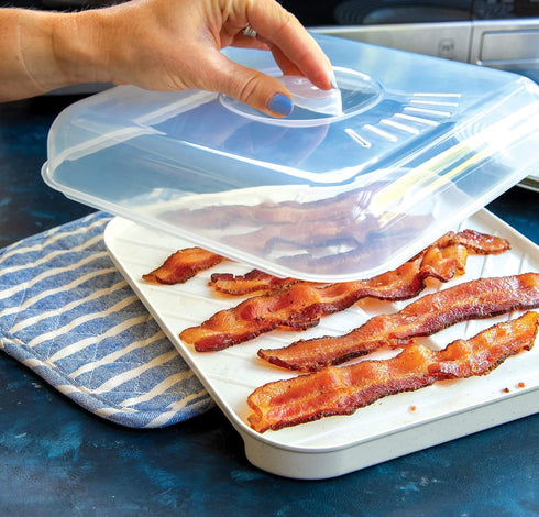 Nordic Ware Slanted Bacon and Meat Tray with Lid, White
