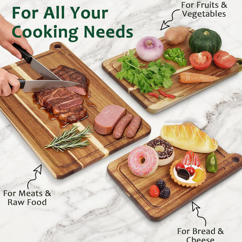 3 Pack Set, Cutting Board Acacia Wood Cutting Boards for Kitchen, Chopping Board with Deep Juice Grooves & Built