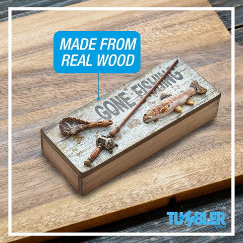Tumbler Home Gone Fishing Wood Box - Rustic Keepsake Box for Coins, Keys, Wallet - Gift for Fisherman, Dad, Son, Grandpa