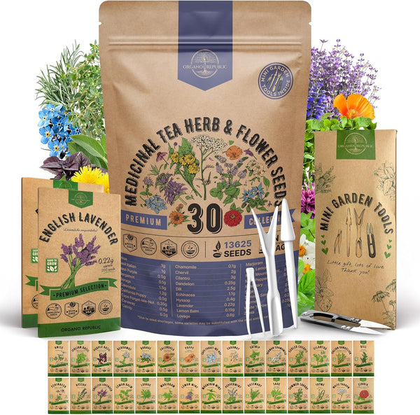 Organo Republic 30 Medicinal Tea Herb & Flower Seeds Variety Pack -