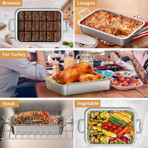 Skyflame Roasting Pan with Rack - Stainless Steel Rectangular Barbecue Bakeware with Nonstick U-Rack for Indoor/Outdoor