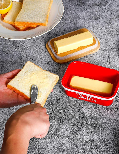 Butter Dish with Lid, Metal Butter Keeper and Stainless Steel Knife, Large Kitchen Container, Red
