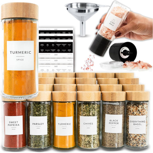 SAVVY & SORTED Glass Spice Jars with Label, 24PK Round Bamboo Jar