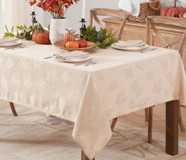 Newbridge Taupe Tremont Leaf Damask Rectangle Fabric Spring Lodge Tablecloth, 52 x