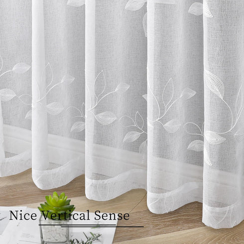 Tollpiz White Leaf Sheer Tier Curtain, 30 x 36 inches, Set of 2 Panels, Embroidered Voile Kitchen Bathroom Treatment