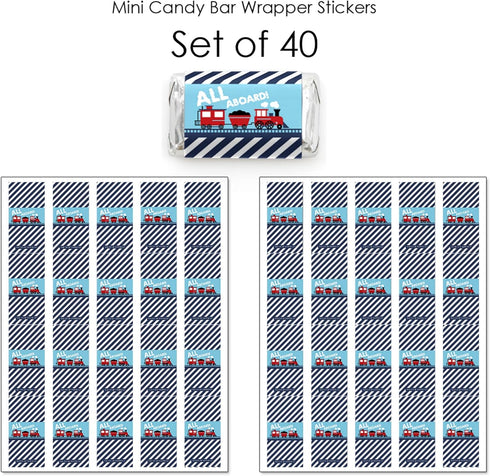 40 Count Big Dot of Happiness Railroad Party Crossing - Mini Candy Bar Wrapper Stickers - Steam Train Birthday Party