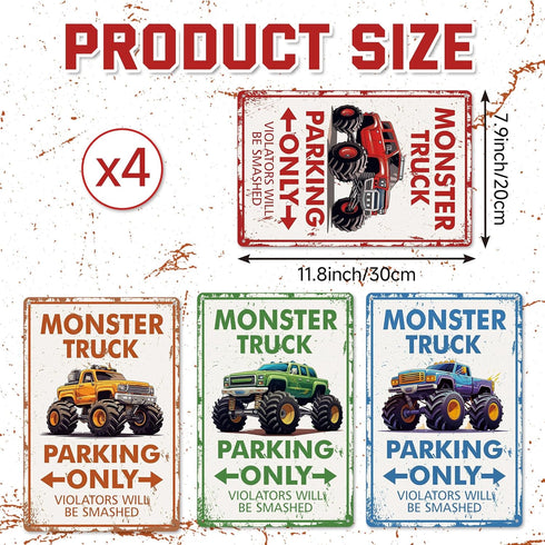 4 Pcs Monster Truck Parking Only Wall Decor for Boys, Monster Jam Only Violators Will Be Smashed Wall Room Door Signs