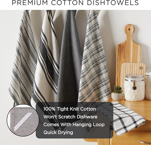DII Buffalo Check Kitchen Collection - Classic Farmhouse Dishtowel Set, 20x30, Gray & White, 3 Piece