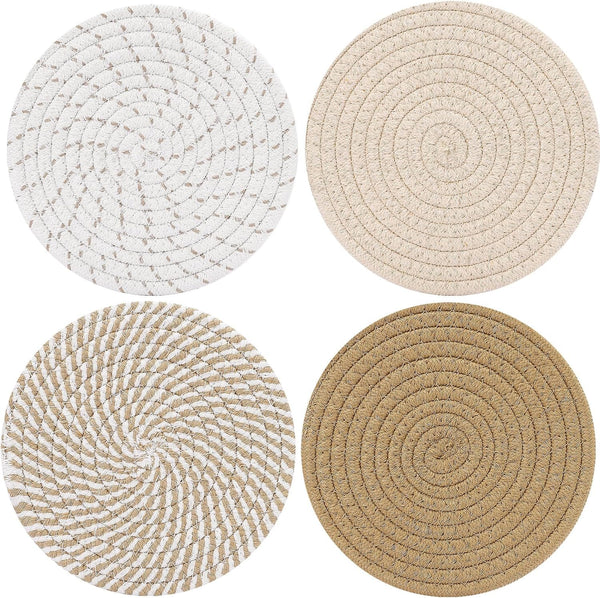 ME.FAN 4 Set Cotton Thread Weave Trivets, 7 Inch Hot Pads for Hot Pots and Pans, Mix 2 Large Coasters