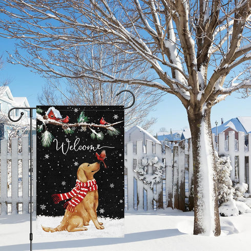 Welcome Winter Garden Flag 12 x 18 Inch Double Sided Burlap, Golden Retriever Dog Cardinal Yard Flags for Seasonal Christmas Winter Farmhouse Decoration(ONLY FLAG)