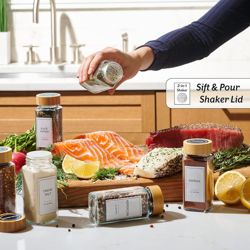 Set, Sets Glass Spice Jars with Label Bamboo Lids & Funnel - Kitchen Airtight Storage Jars with Lids - Spices